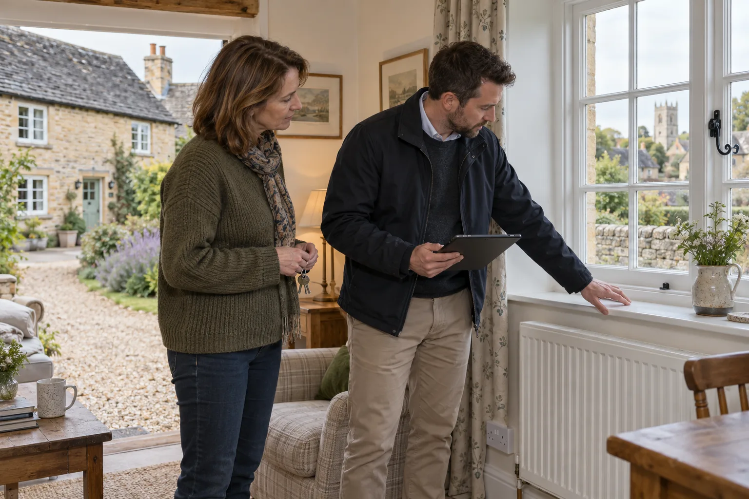 Holiday-let owner and domestic energy assessor checking the window and radiator inside a British stone cottage