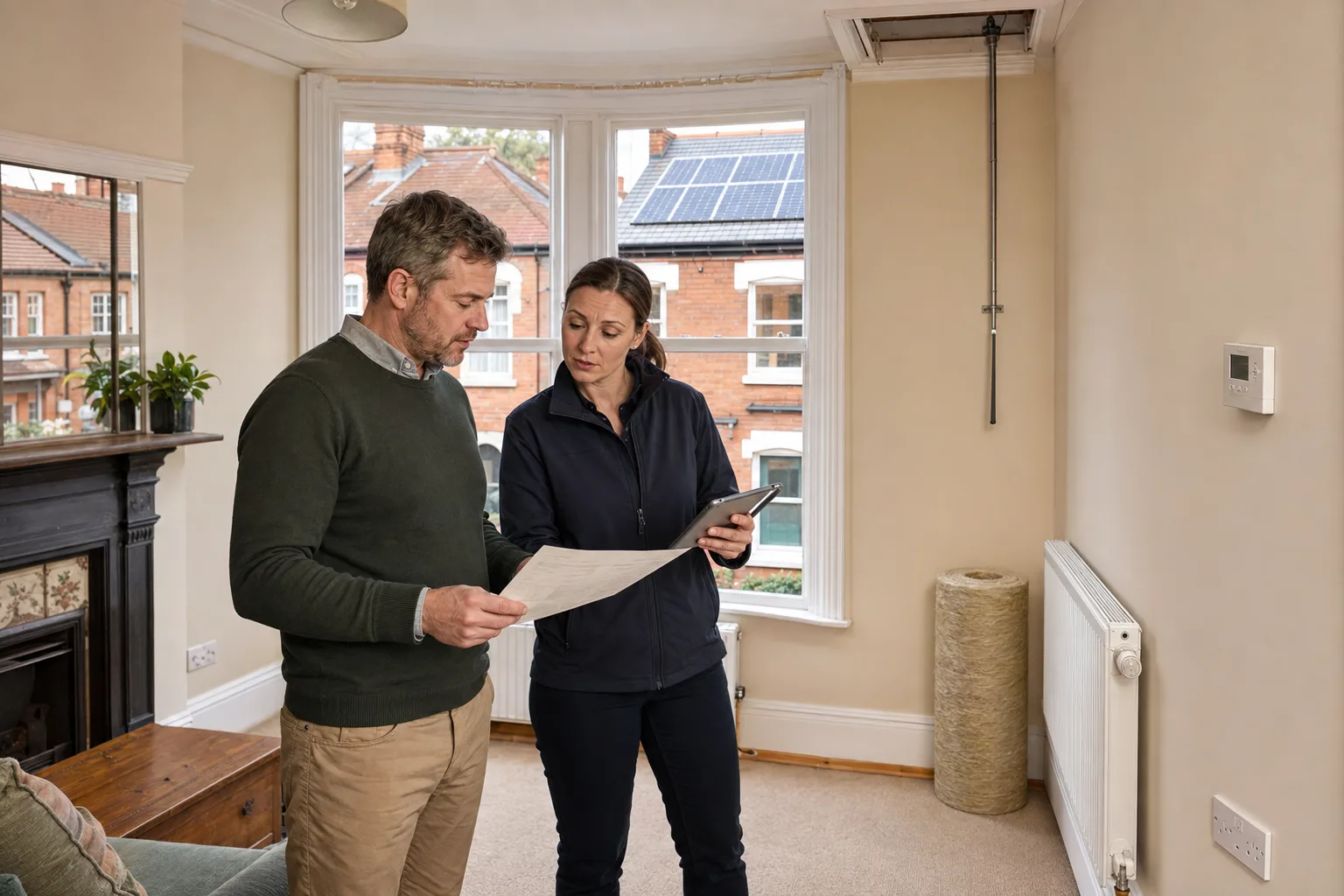 British landlord and EPC assessor reviewing an existing certificate after insulation, heating-control and solar improvements in a Victorian terraced home