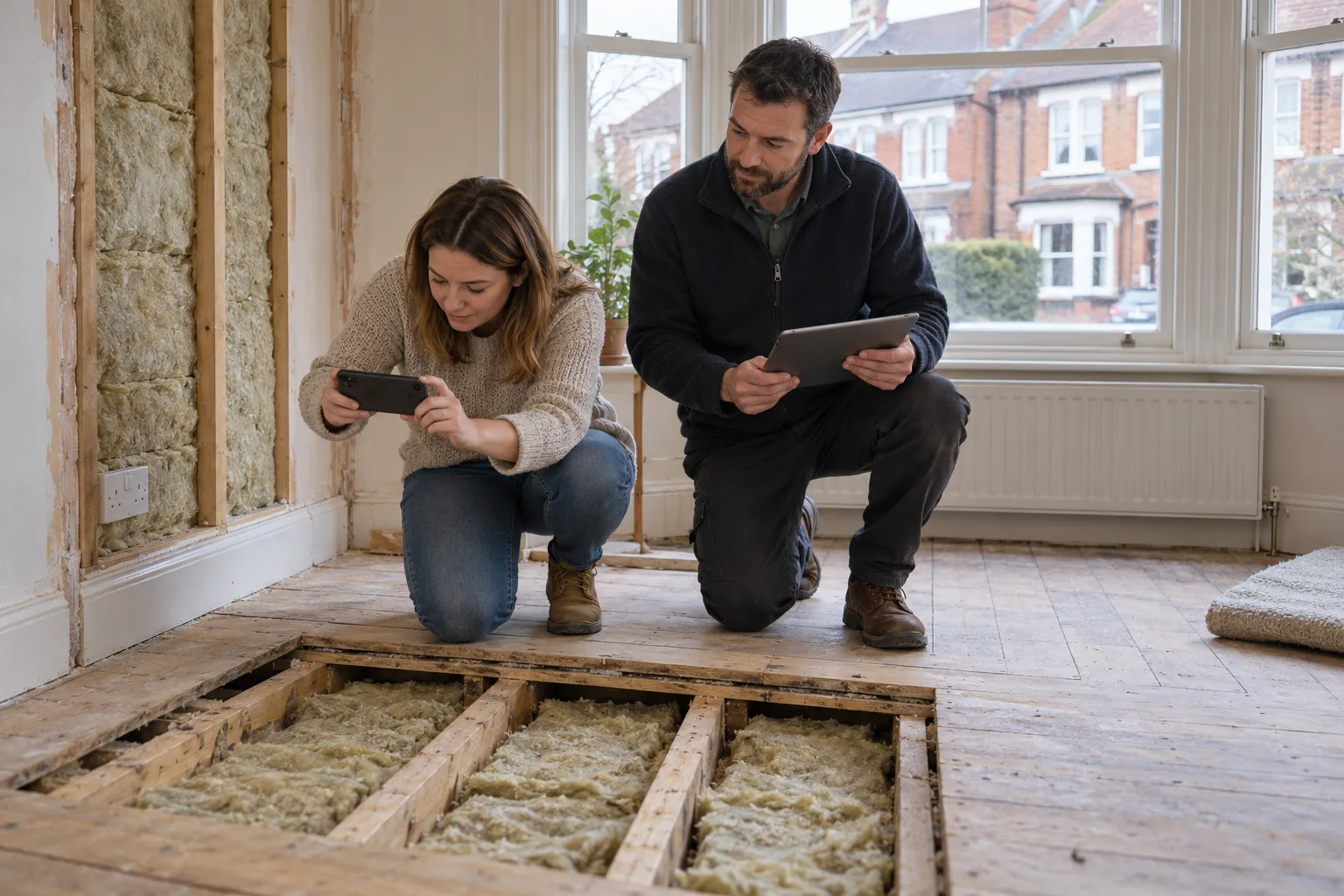 British landlord photographing exposed floor and wall insulation with a domestic energy assessor in a 1930s semi-detached rental home