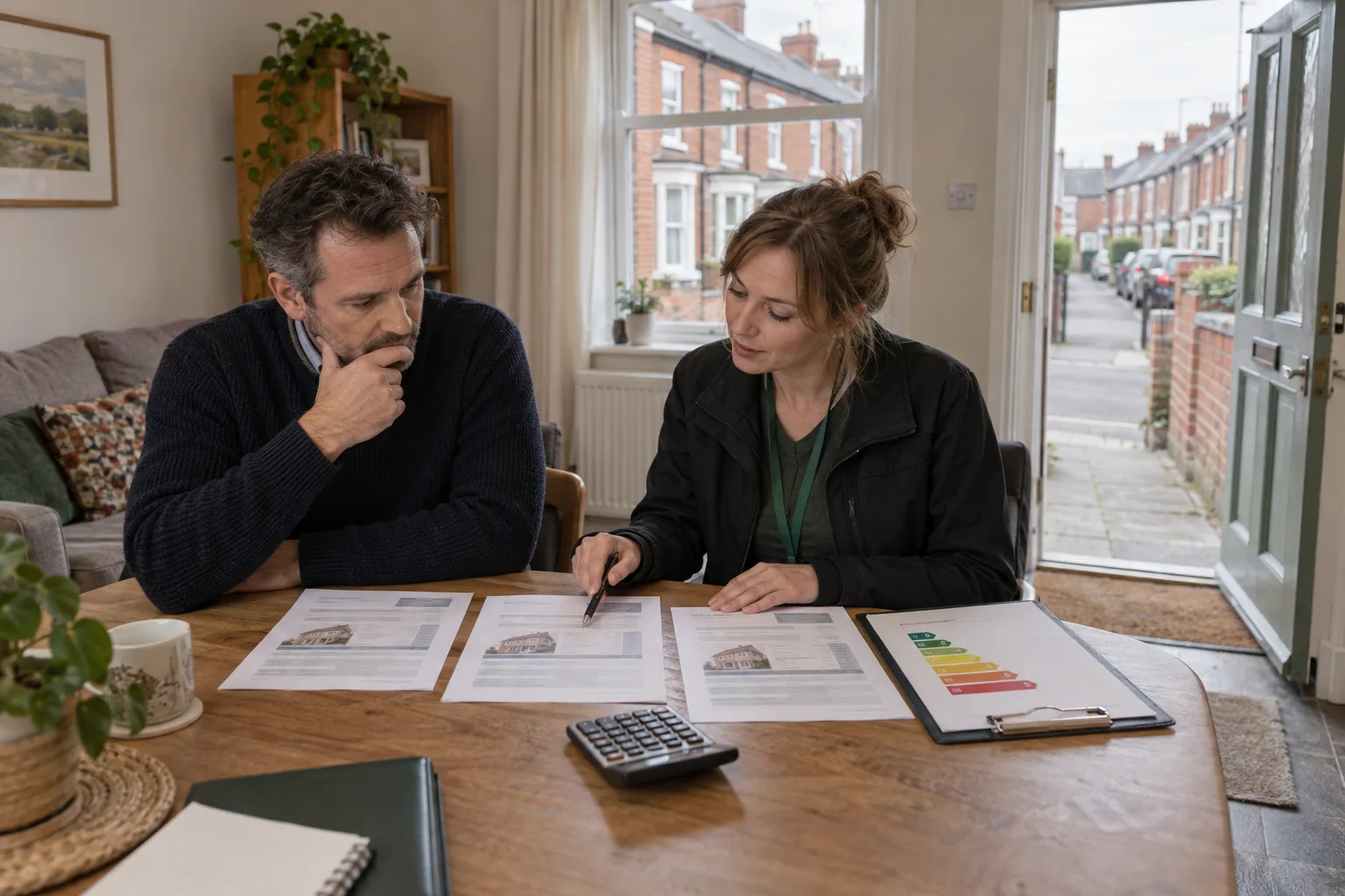 British landlord and domestic energy assessor comparing three contractor quotes beside an EPC chart in a red-brick terraced rental home