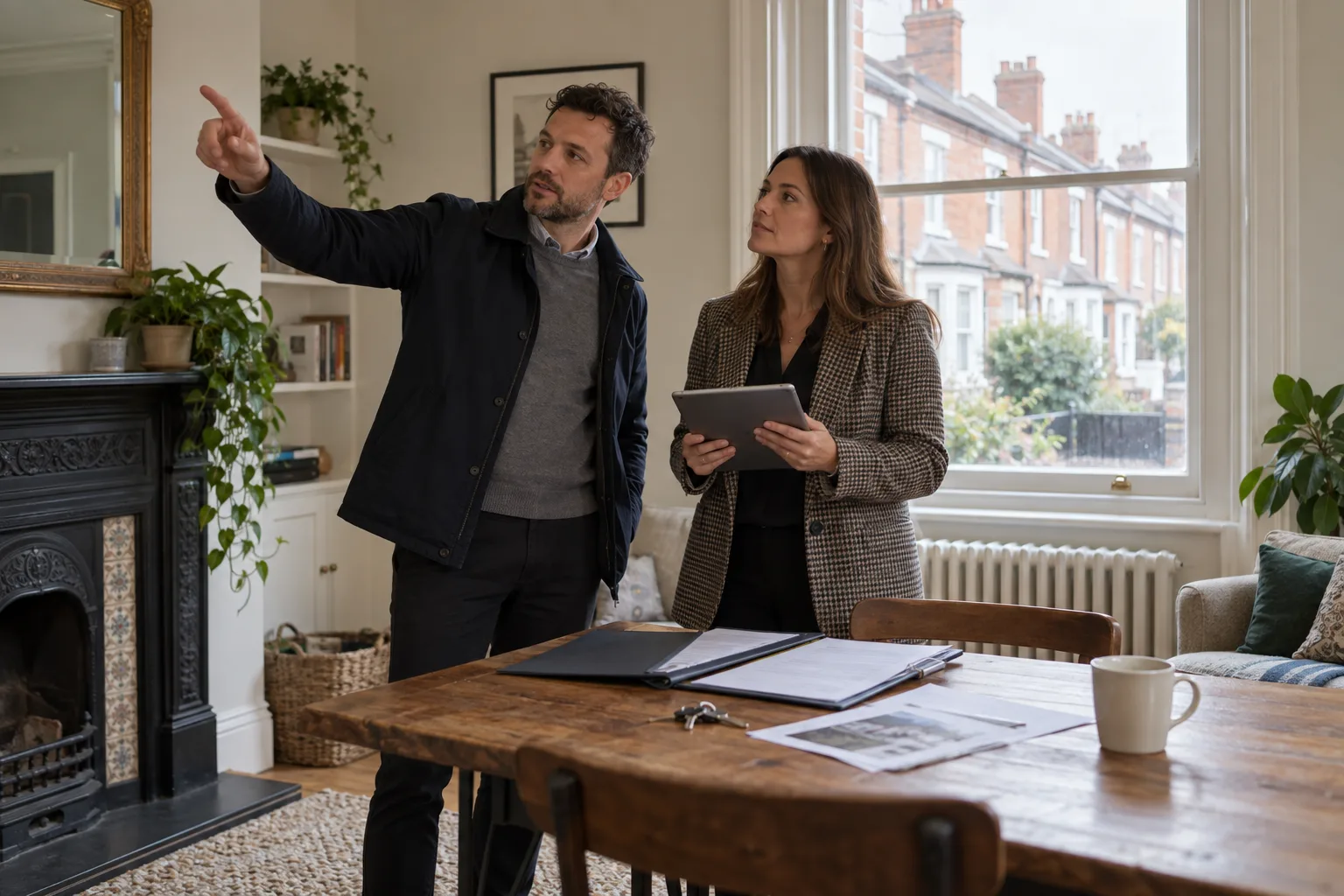 British landlord and letting agent reviewing an EPC handover in a Victorian terraced rental home