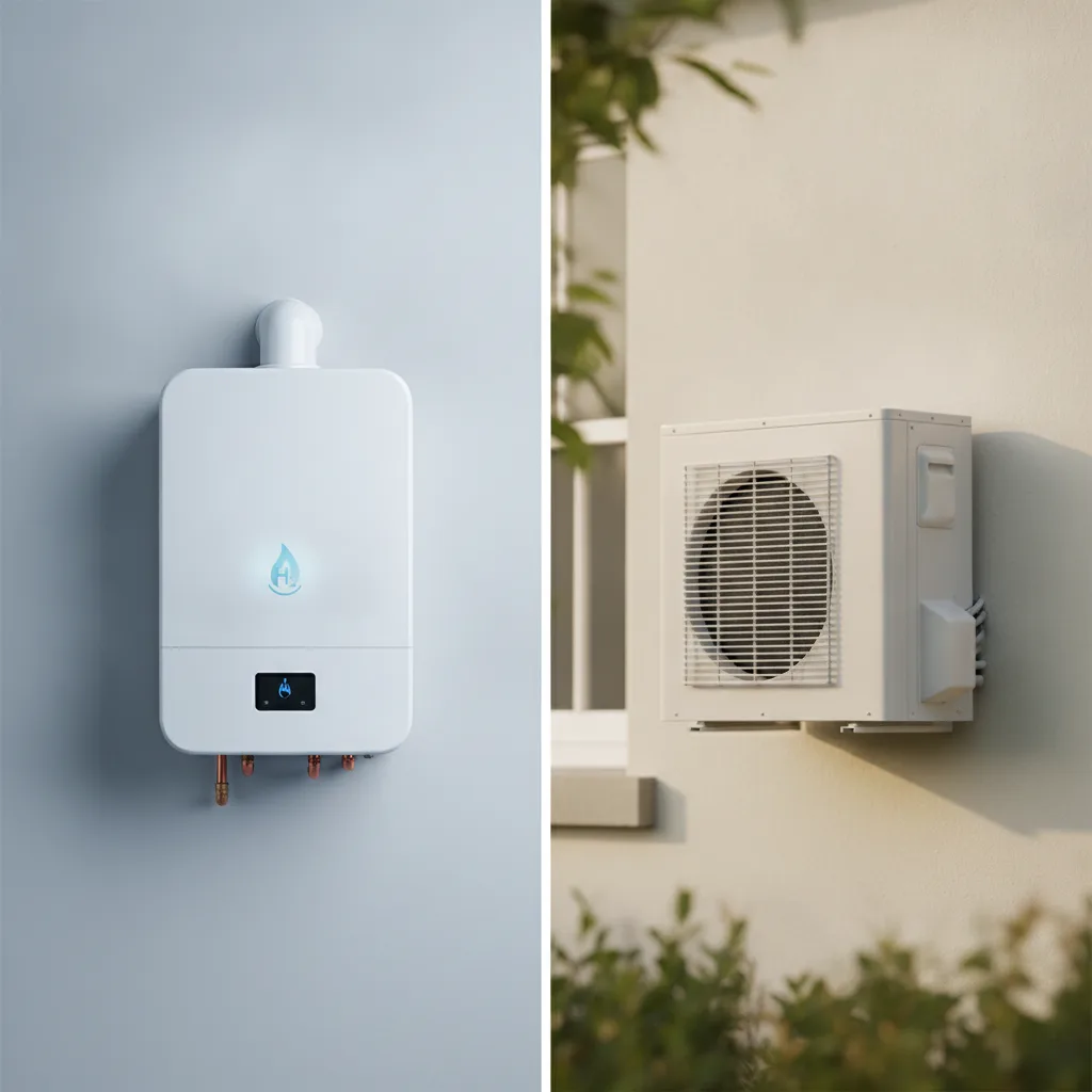 Hydrogen boiler vs heat pump comparison illustration for UK homes in 2026