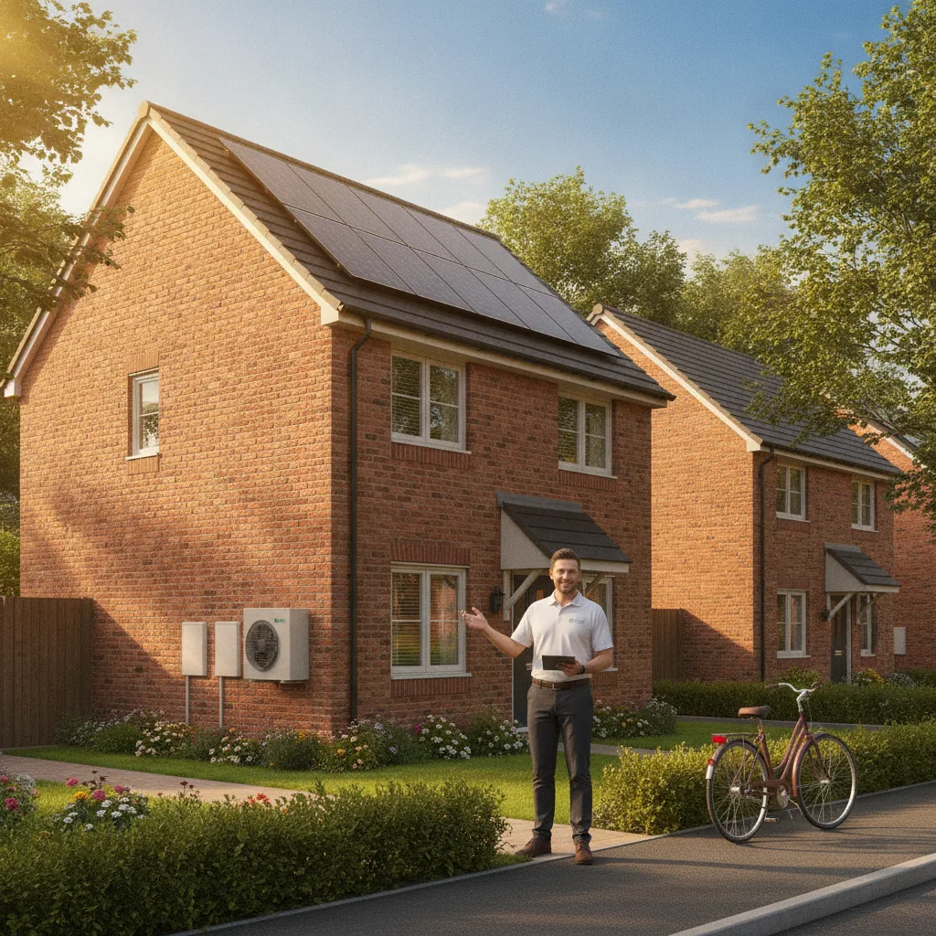 A bright modern UK home in 2026 being assessed for Warm Homes Local Grant upgrades, with an energy adviser reviewing documents beside visible loft insulation, solar panels, smart heating controls and an air source heat pump outside.