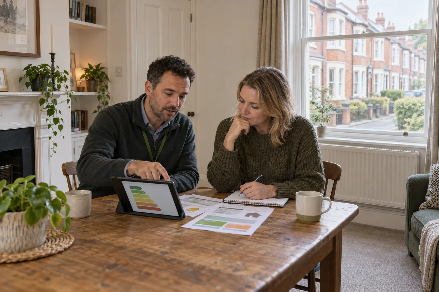 British landlord and EPC assessor reviewing a recommendation report in a Victorian terraced rental