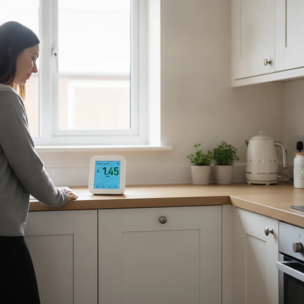 A modern UK kitchen with a smart meter in home display showing household energy use in pounds and pence, natural daylight, contemporary British home interior.