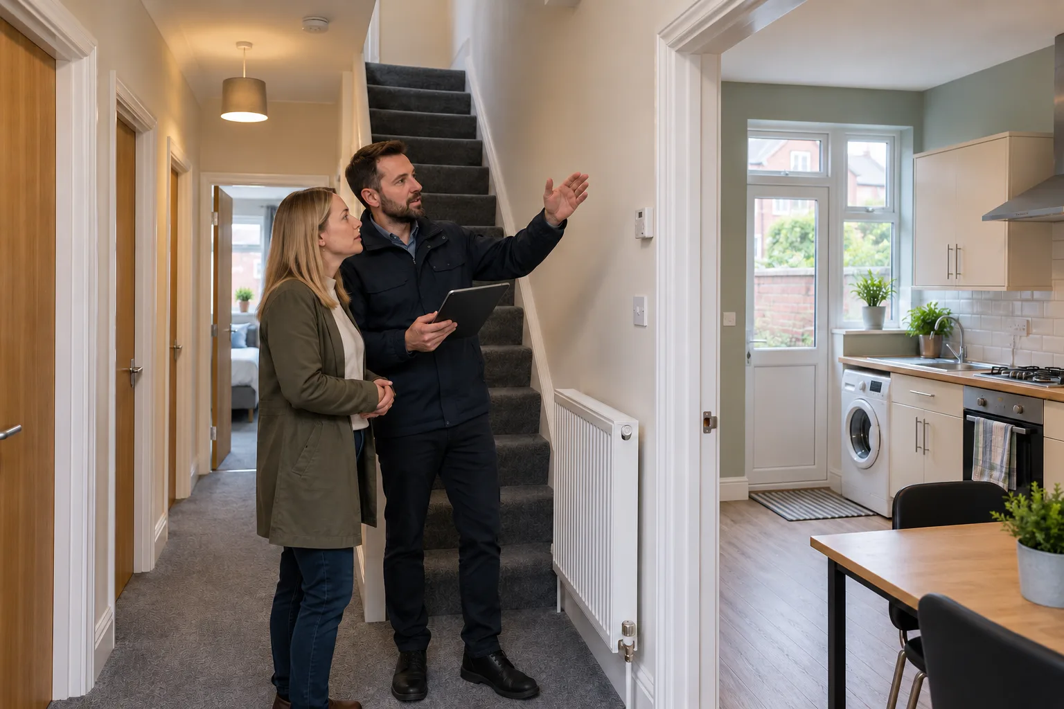 British landlord and domestic energy assessor reviewing the shared hallway and kitchen of a terraced HMO