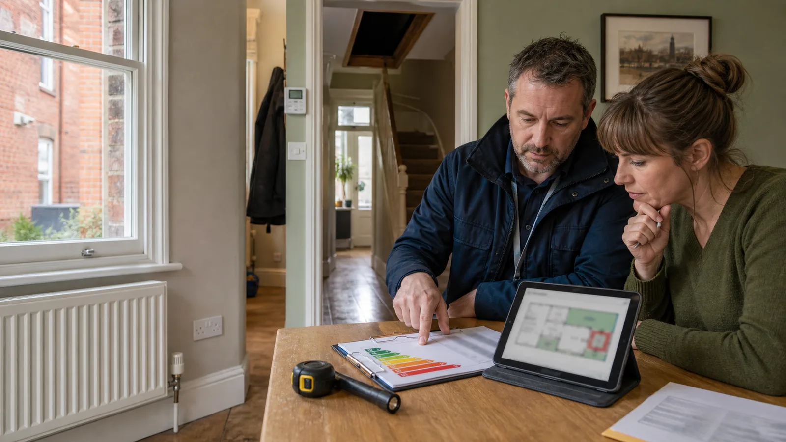 British landlord and domestic energy assessor reviewing EPC evidence inside a Victorian terraced rental home