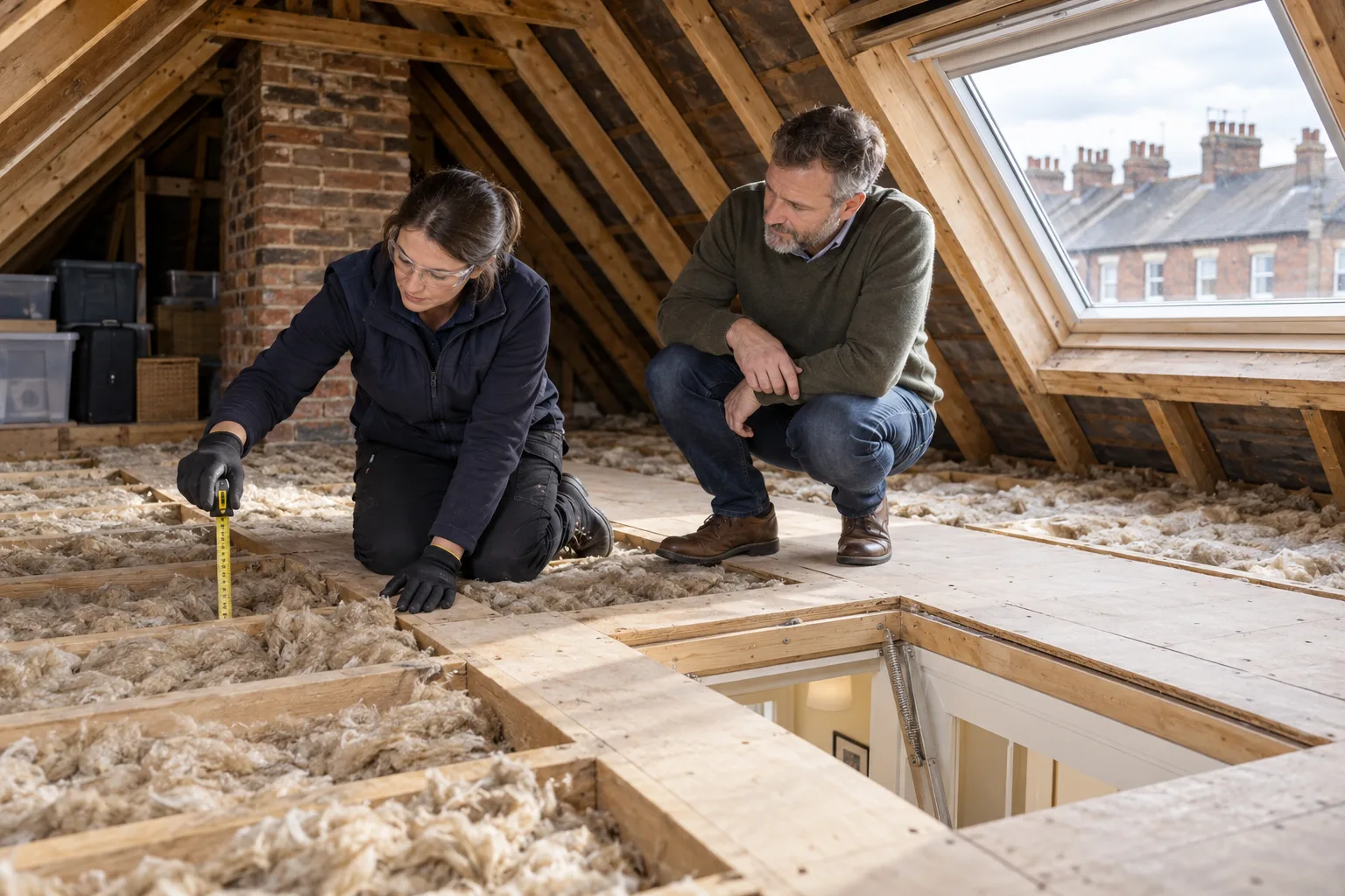 British landlord watching a domestic energy assessor measure loft insulation in a Victorian terraced rental home