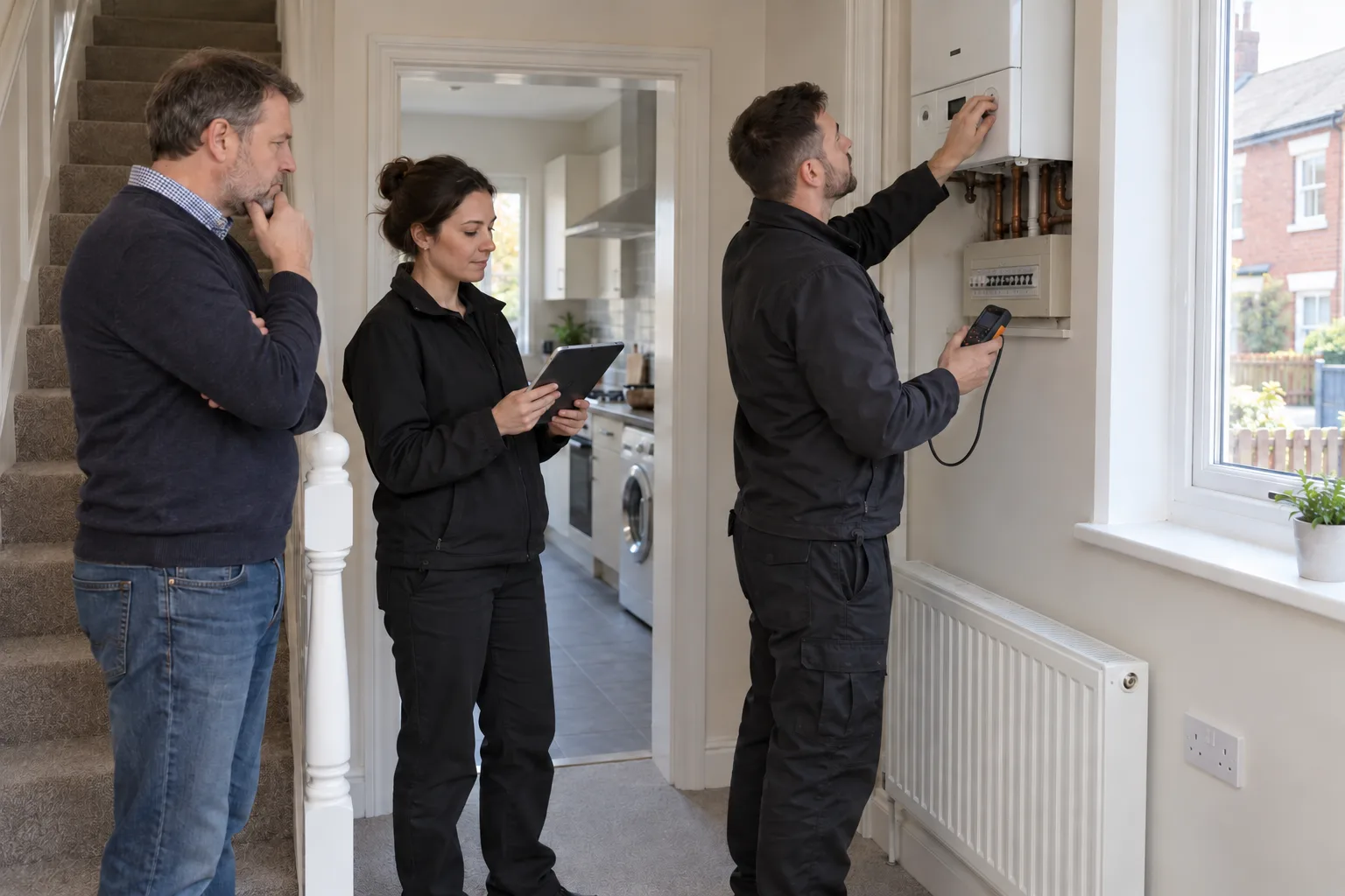 British landlord with an energy assessor and safety engineer checking a boiler, consumer unit, radiator and socket in a terraced rental