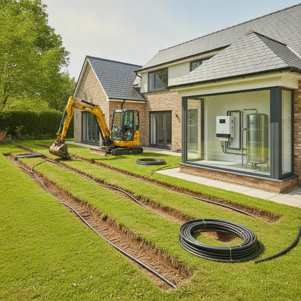 A modern UK home in summer having a ground source heat pump installed, with an excavator digging garden trenches for the buried ground loop and a wall mounted heat pump and hot water cylinder visible in the utility room.