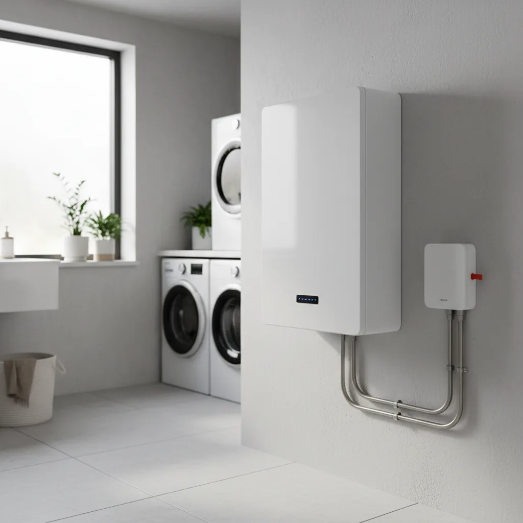 A clean modern UK utility room in 2026 with a sleek wall mounted lithium iron phosphate home battery storage unit, glossy white casing with a small LED status panel, neat conduit and isolator switch on the wall beside it, soft natural daylight, illustrating a professional residential solar battery storage install on the UK domestic market.