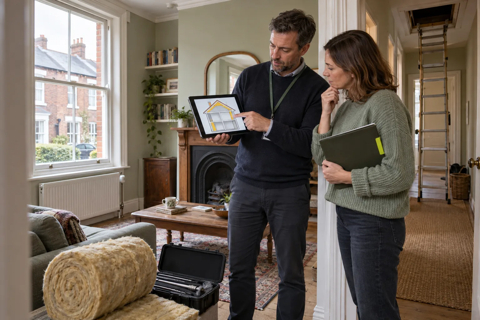 British landlord and EPC assessor comparing roof and wall insulation options inside a Victorian terraced rental home.
