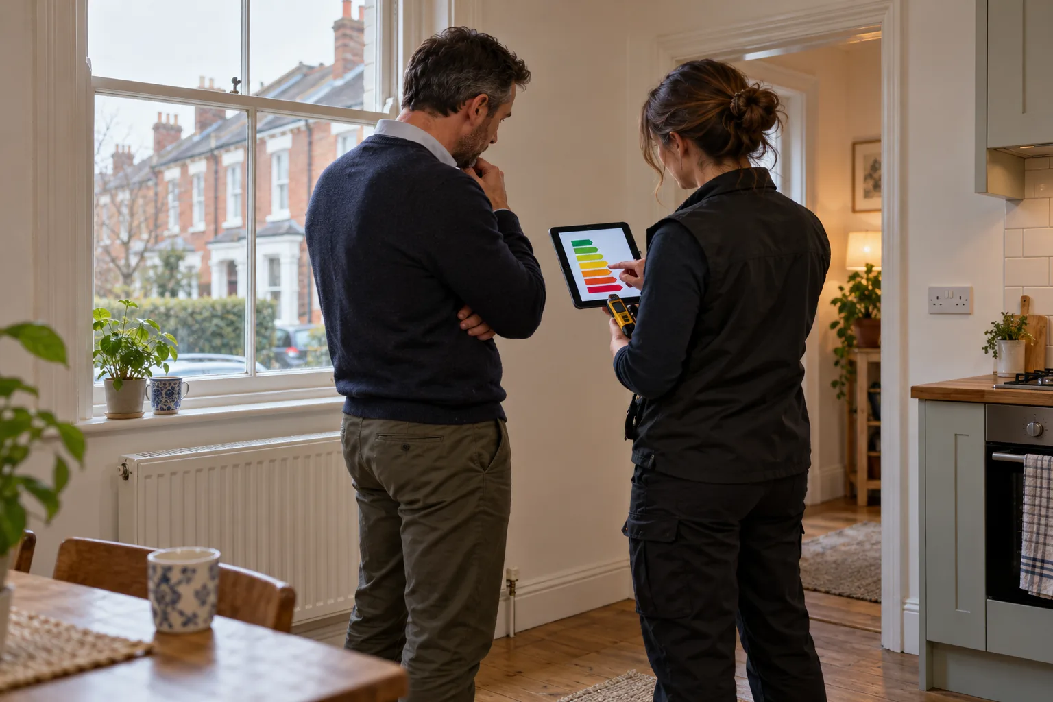 British landlord and domestic energy assessor reviewing an EPC score gap inside a Victorian terraced rental home