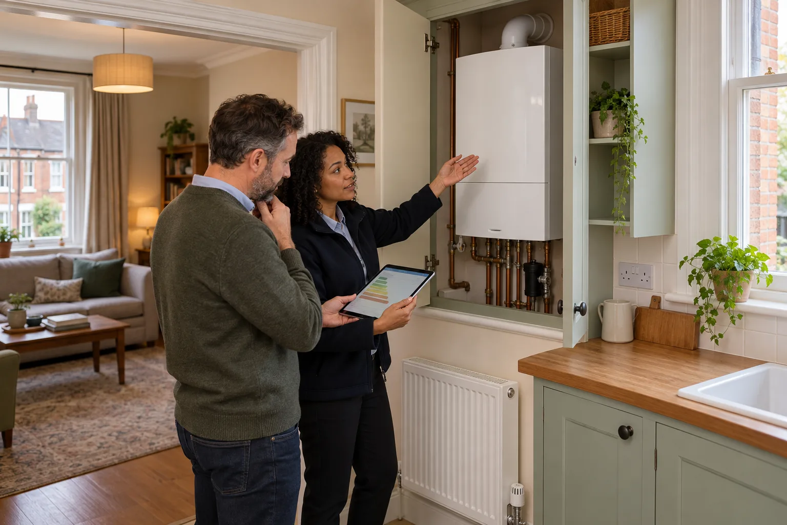 Domestic energy assessor showing a landlord the gas boiler and radiator controls in a British Victorian terraced rental home