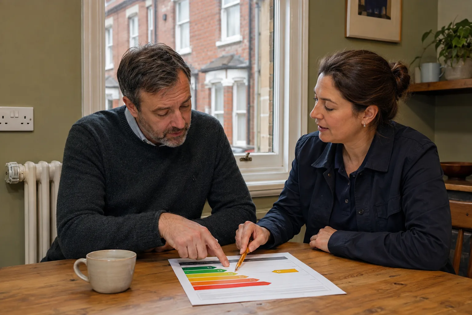 British landlord and EPC assessor reviewing a D-rated energy certificate in a Victorian terraced rental home.