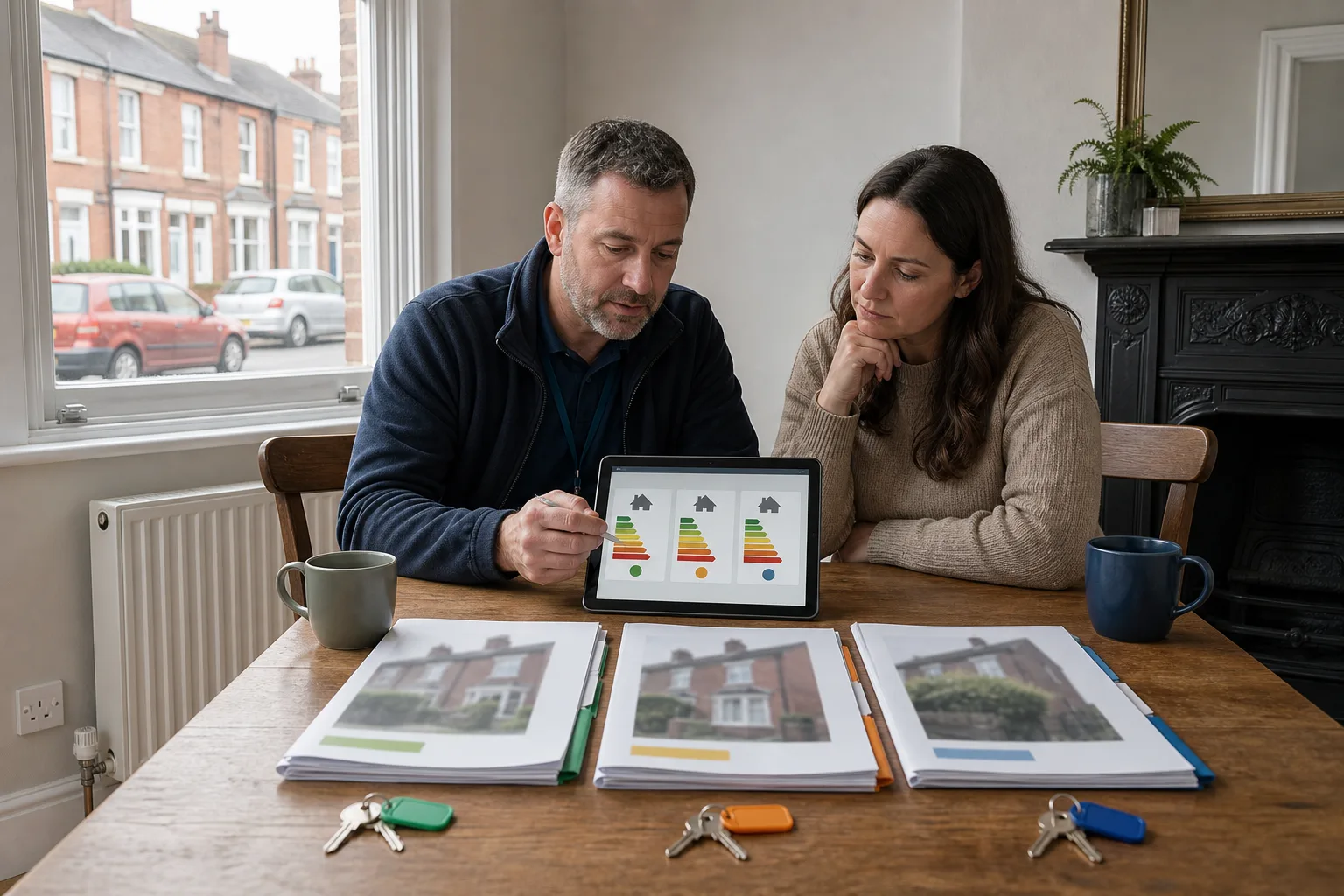 British landlord and energy assessor comparing three rental properties for EPC portfolio triage inside a Victorian terrace
