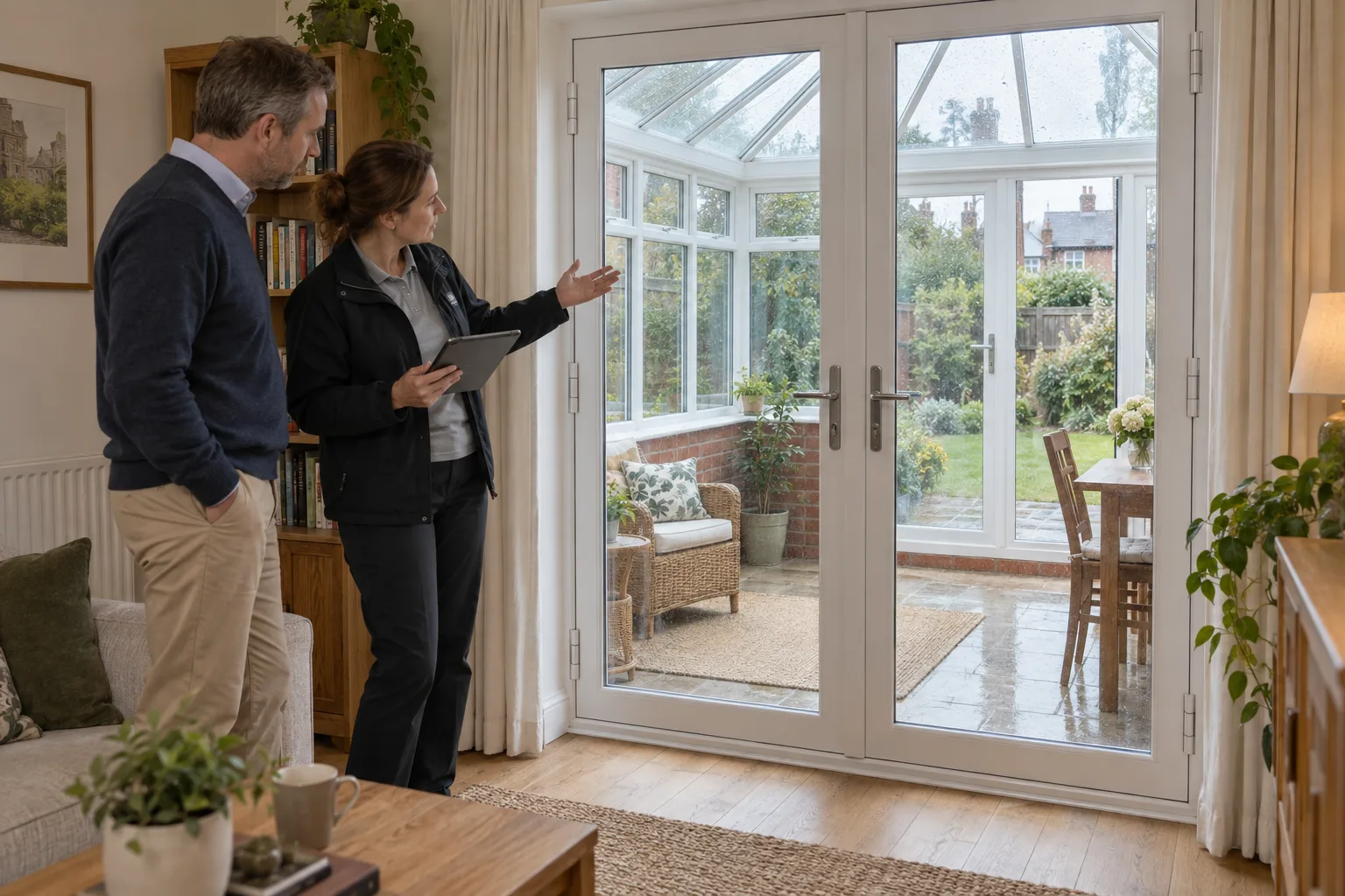 British landlord and EPC assessor examining closed French doors separating a living room from a glazed conservatory