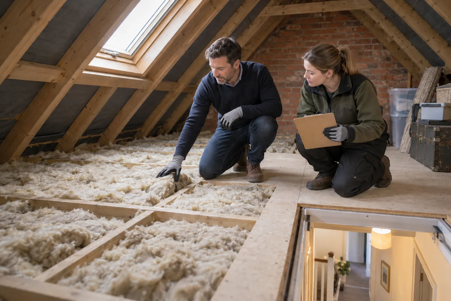 British landlord and energy assessor wearing gloves while checking loft insulation in a red-brick terraced rental home