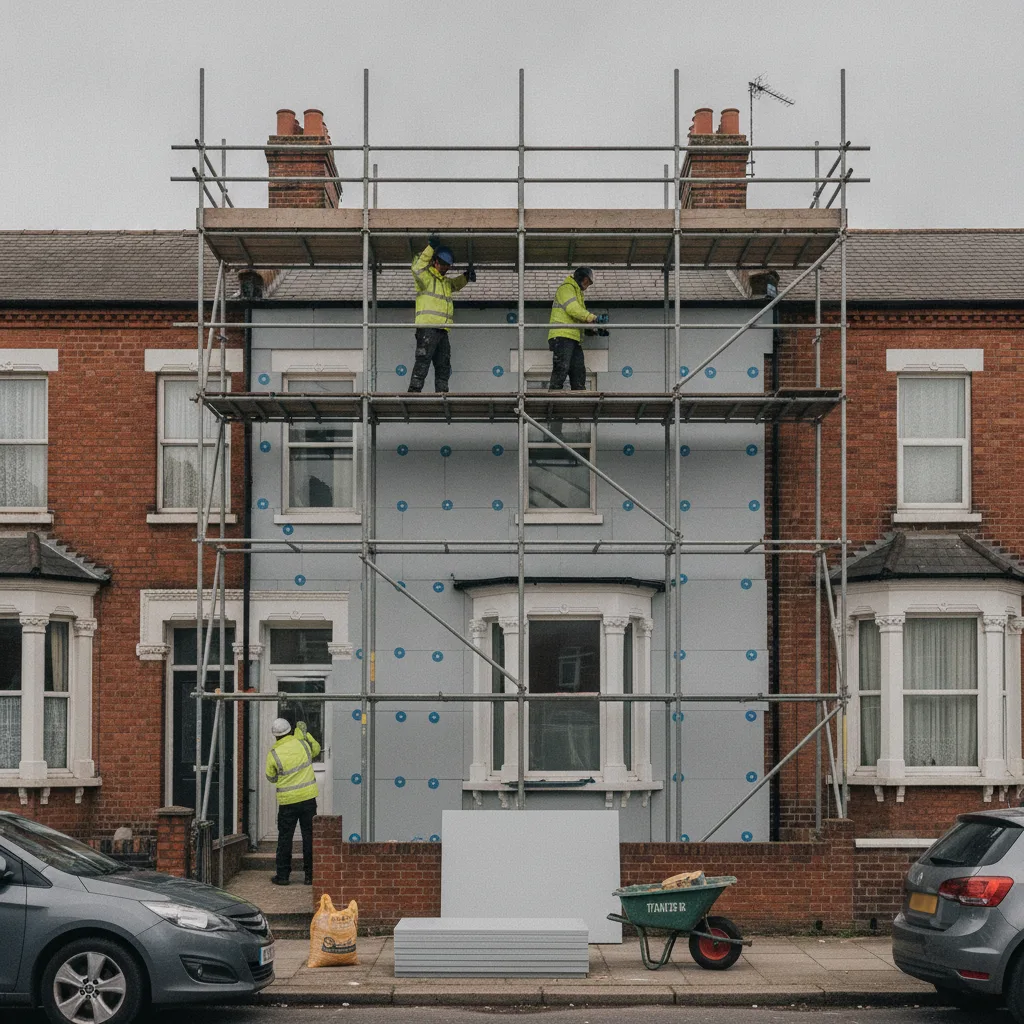 External wall insulation boards being fitted to the outside of a UK brick terraced house by workers on scaffolding.