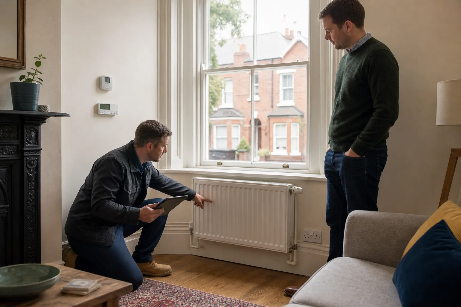 British landlord and EPC assessor inspecting a thermostatic radiator valve and wall-mounted heating controls in a Victorian terraced home
