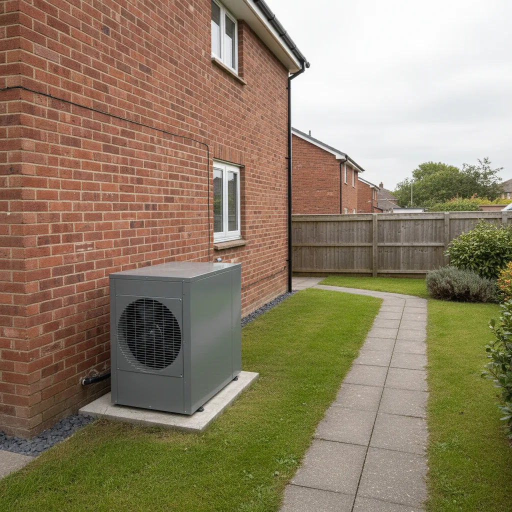 Quiet air source heat pump outside a UK home with clear space for planning and noise assessment.