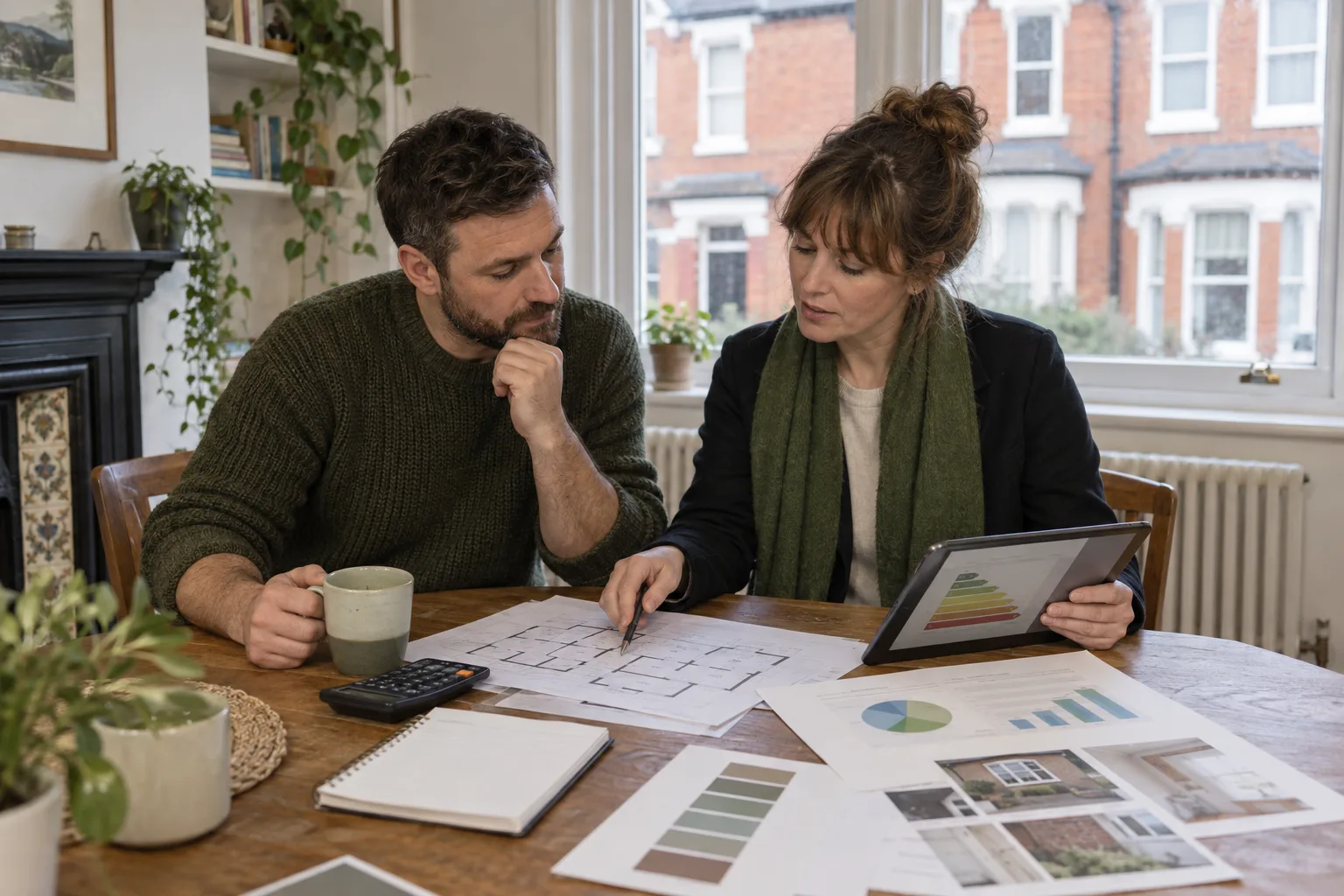 British landlord and energy assessor reviewing an EPC improvement plan, calculator and renovation budget in a terraced rental home
