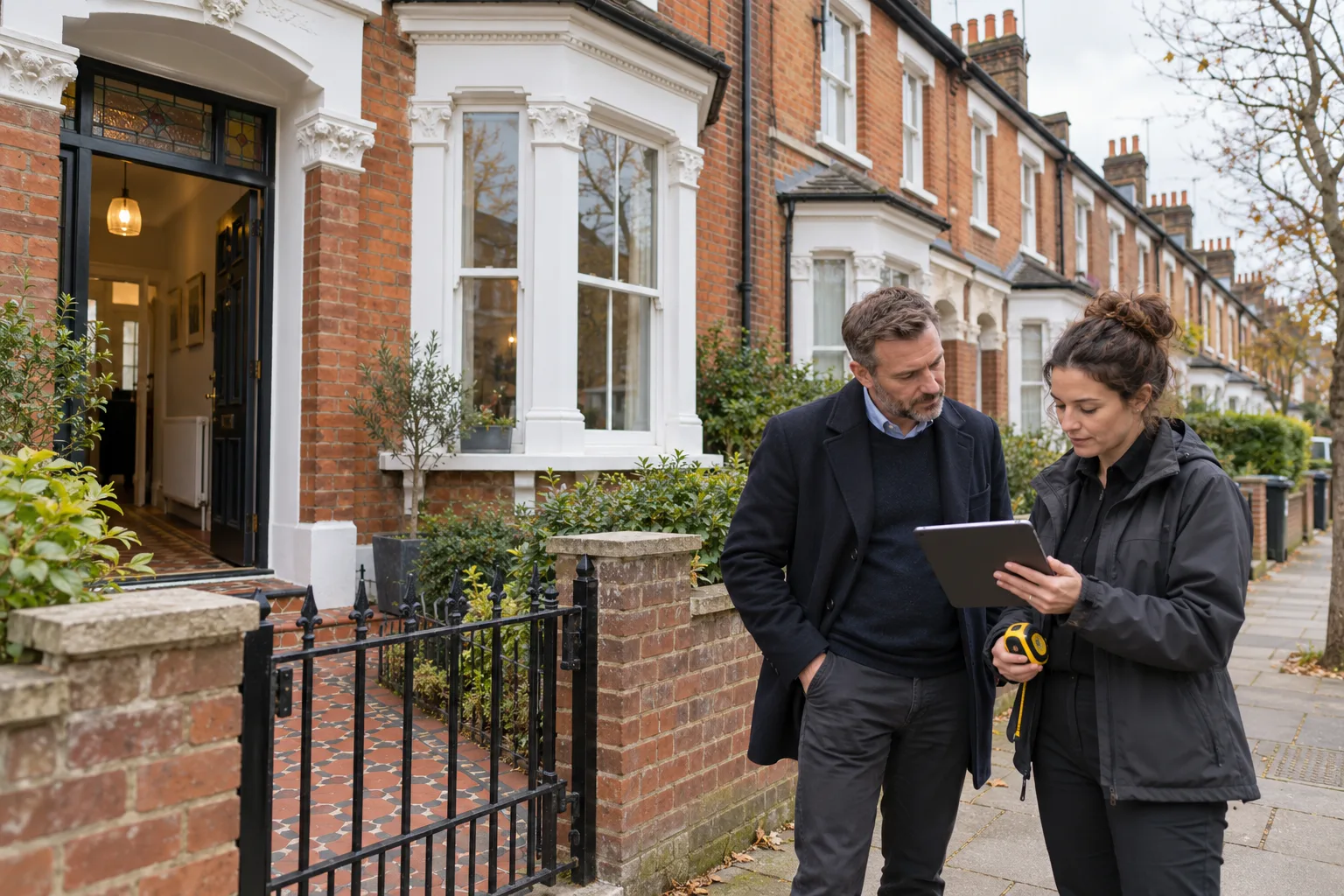 British landlord and domestic energy assessor reviewing a red-brick Victorian terraced rental with bay sash windows and tiled path