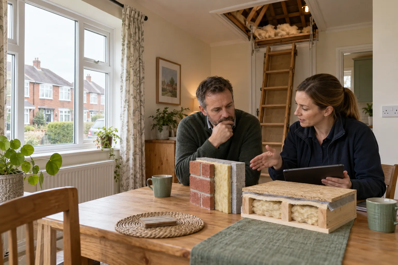 British landlord and domestic energy assessor comparing loft, cavity-wall and suspended-floor insulation in a 1930s semi-detached rental home
