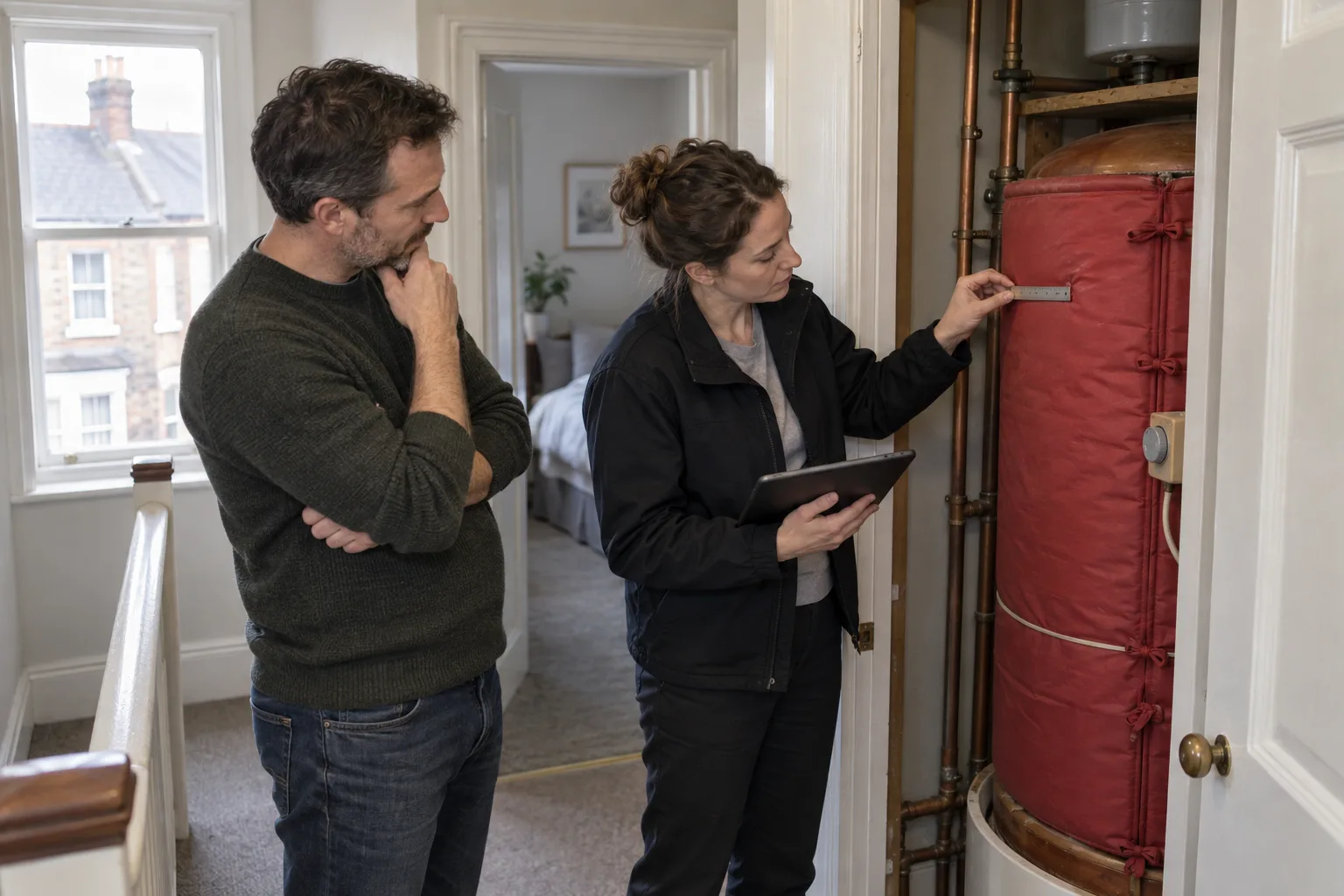 British landlord and EPC assessor inspecting a red jacket on a copper hot-water cylinder in a Victorian terrace