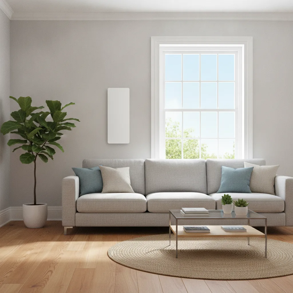 A slim white wall mounted infrared heating panel fitted above a sofa in a bright, well insulated modern UK living room with a wooden floor and large window in summer daylight.