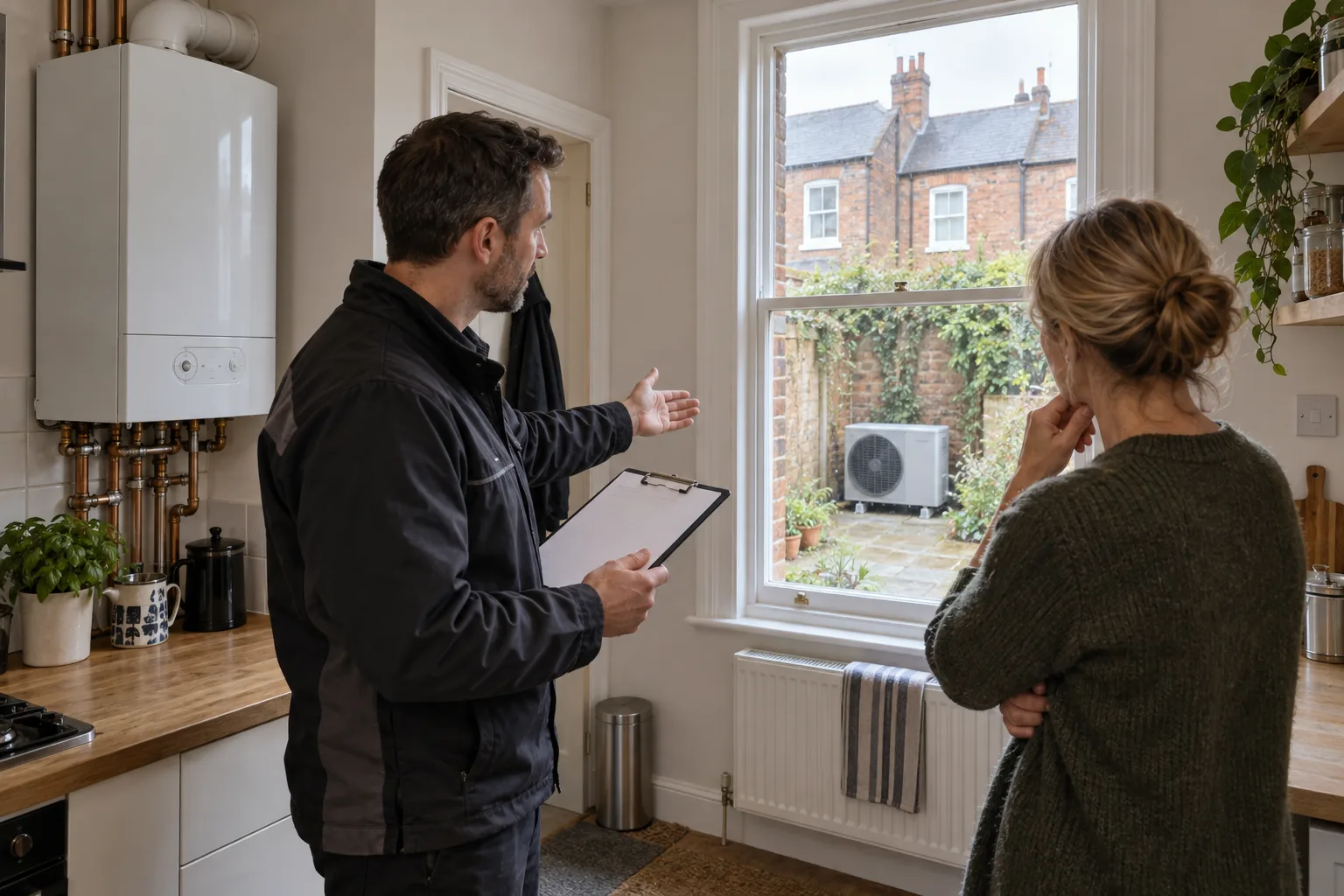 British landlord and heating surveyor comparing a gas boiler and garden heat pump at a brick terraced rental