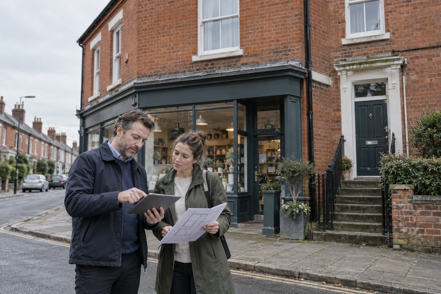 British landlord and energy assessor reviewing a mixed-use red-brick terrace with a ground-floor shop and separate rental flat