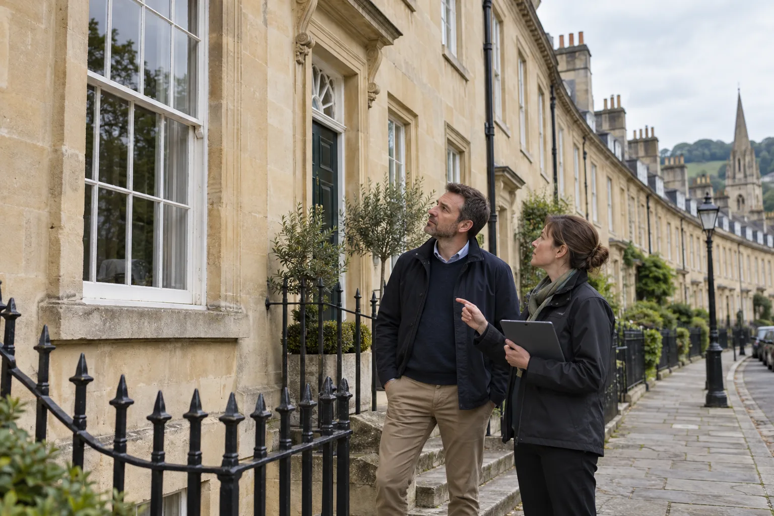 Energy assessor and landlord reviewing original sash windows outside a Georgian listed rental in England