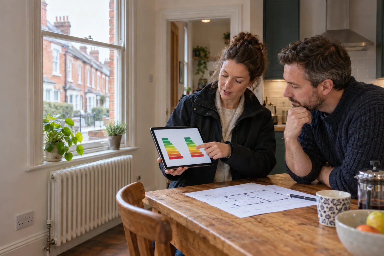 British EPC assessor comparing two energy-rating pathways with a landlord inside a Victorian terraced rental home