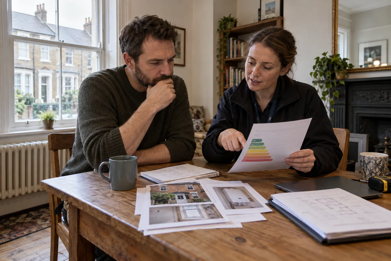 British landlord and accredited assessor reviewing an EPC and property evidence in a Victorian terraced home