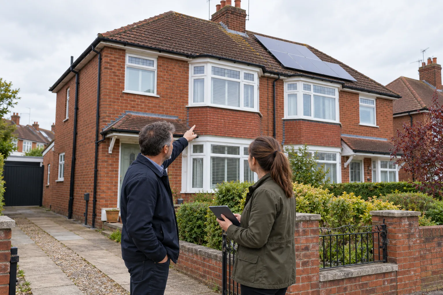 British landlord and domestic energy assessor comparing the plain roof and solar-panelled half of a red-brick 1930s semi-detached rental