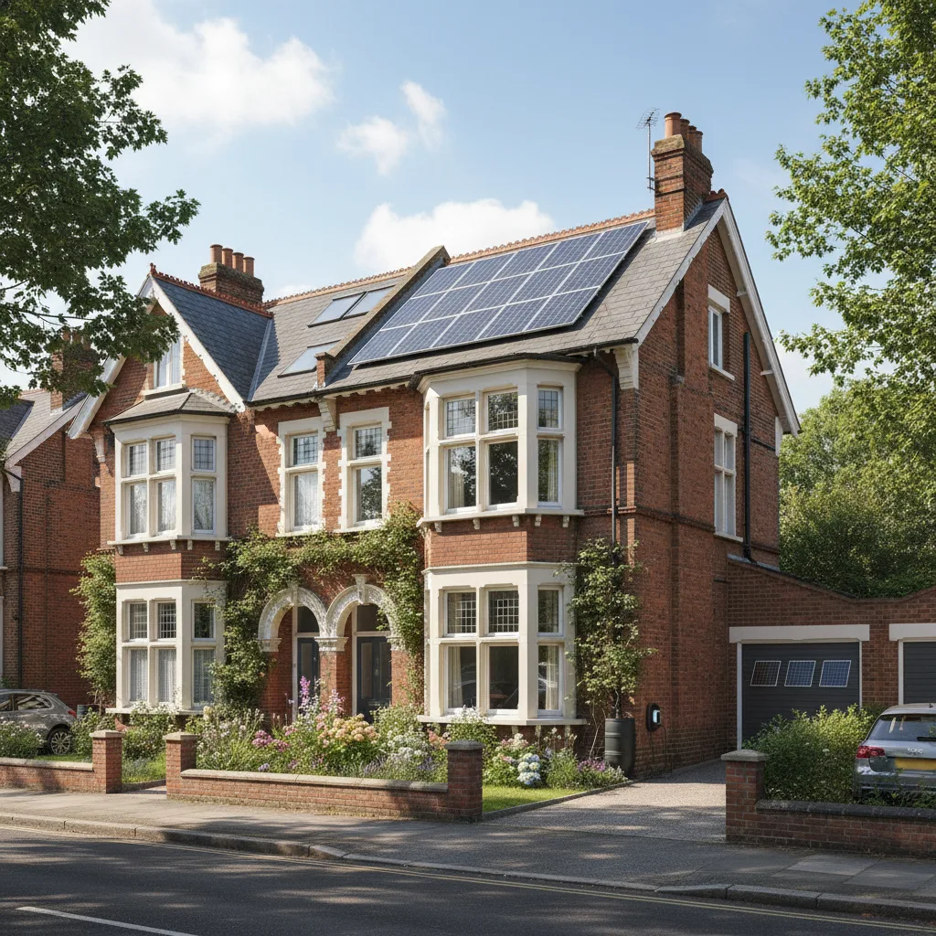 Solar PV panels on the roof of a modern UK home in bright daylight, illustrating solar panel grants and funding in 2026.