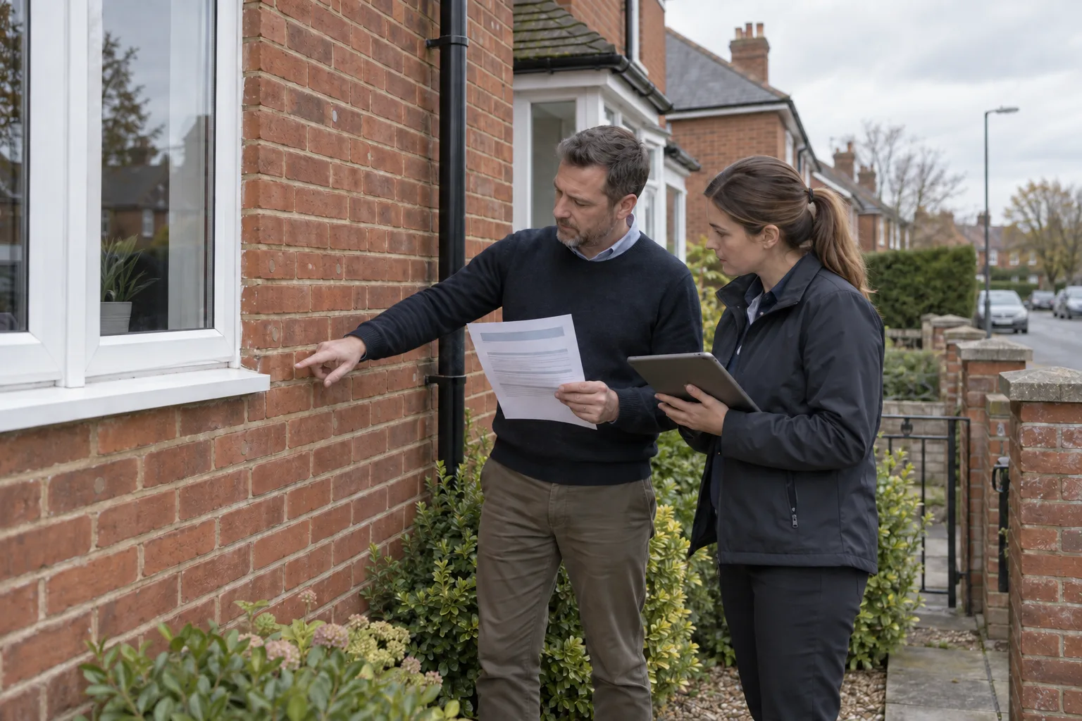 British landlord and EPC assessor reviewing cavity-wall insulation evidence beside a 1930s brick rental home