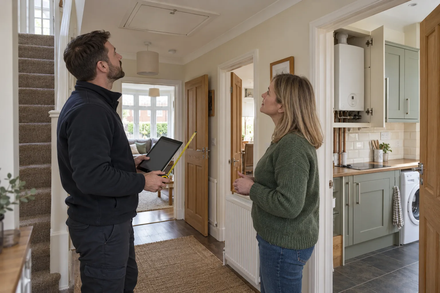 British landlord and domestic energy assessor checking open room access, a combi boiler cupboard and loft hatch in a 1930s semi-detached home