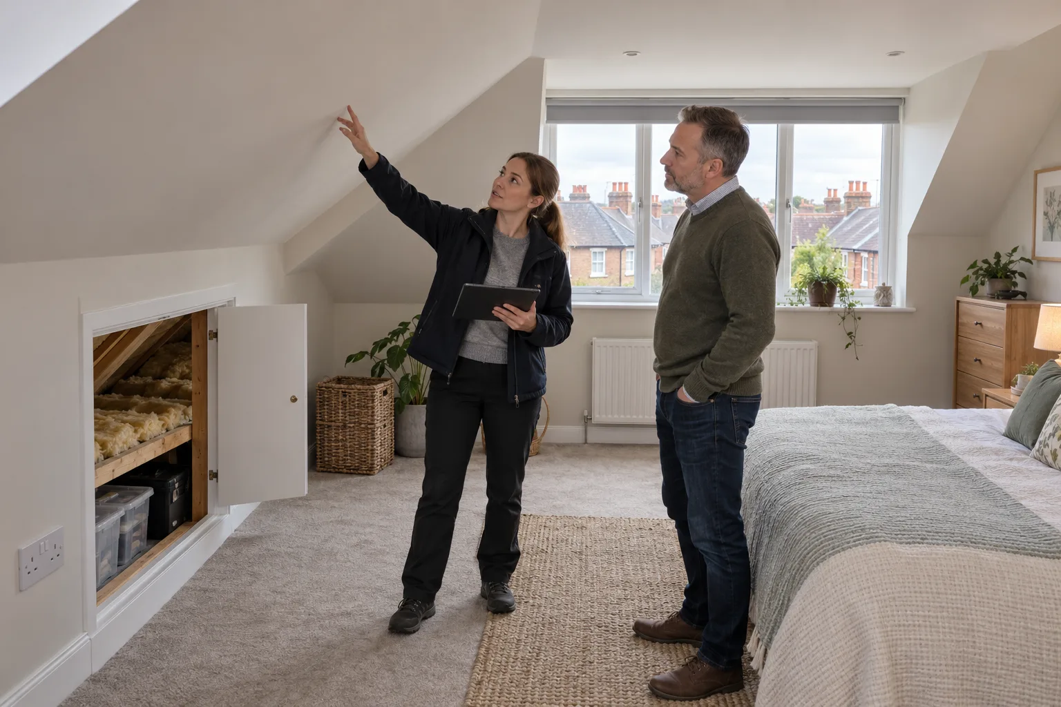 British landlord and domestic energy assessor reviewing the insulated sloping ceiling and dormer window in a converted loft bedroom