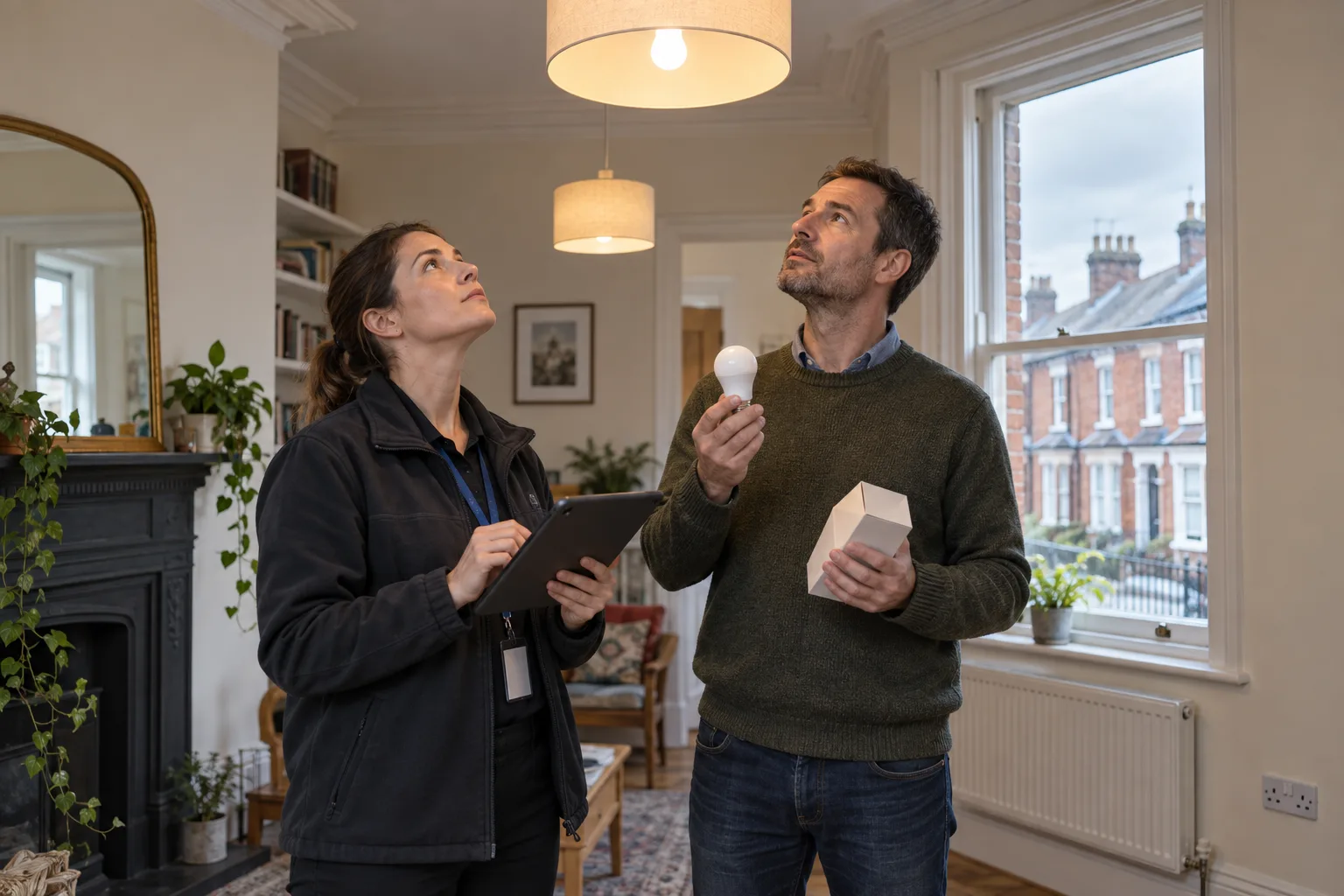 British landlord and accredited assessor reviewing fixed LED lighting in a Victorian terraced rental home