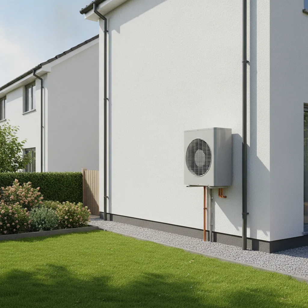 Air source heat pump unit installed on the exterior of a modern British home