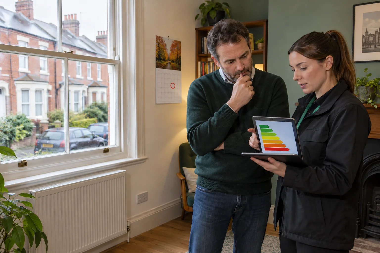 British landlord and domestic energy assessor reviewing an EPC transition plan inside a Victorian terraced rental home