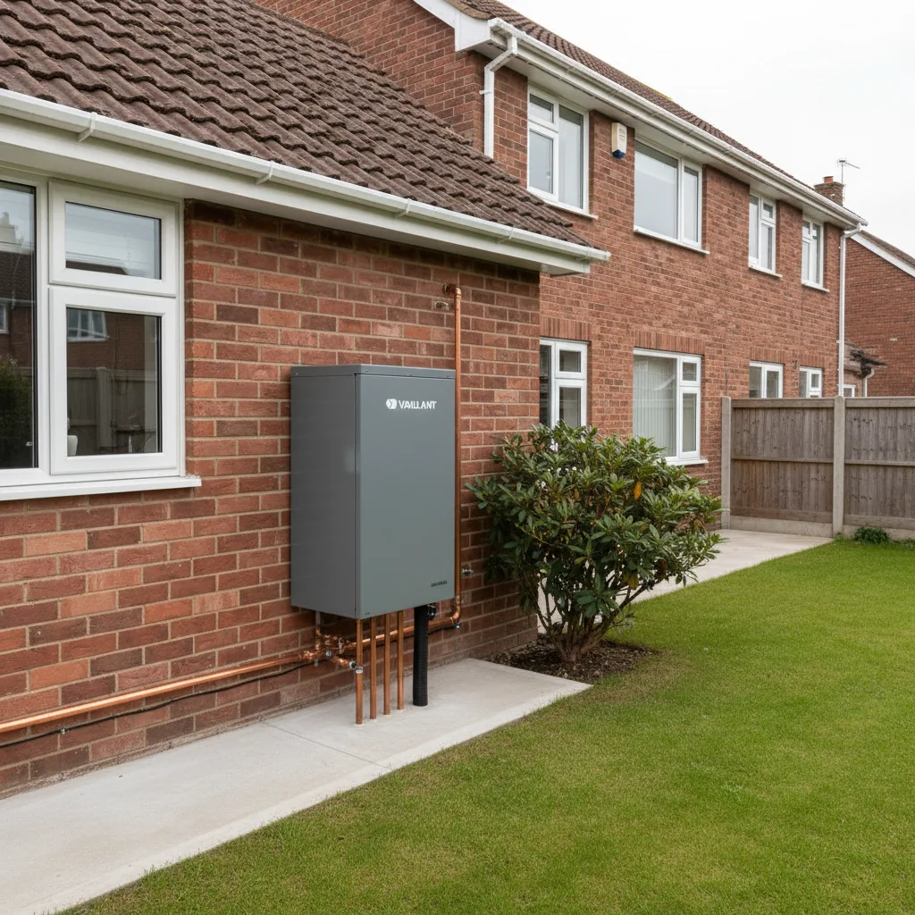 A modern UK home with a sleek air source heat pump unit installed outside, alongside a smart electricity meter visible inside, illustrating the link between heat pump installation and time of use electricity tariffs in 2026.