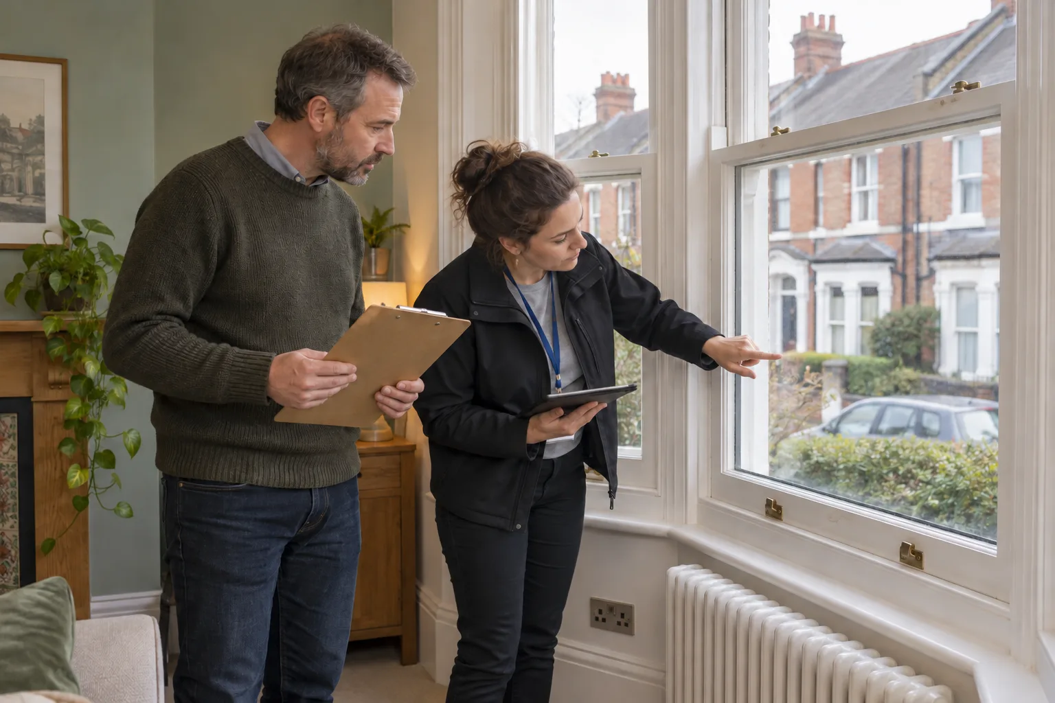 British landlord and domestic energy assessor inspecting double-glazed sash windows inside a Victorian terraced rental home
