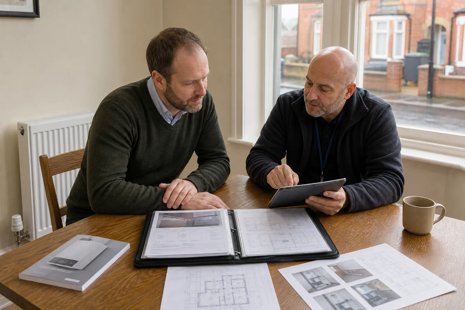 British landlord and EPC assessor reviewing installation records and property photographs inside a Victorian terraced home