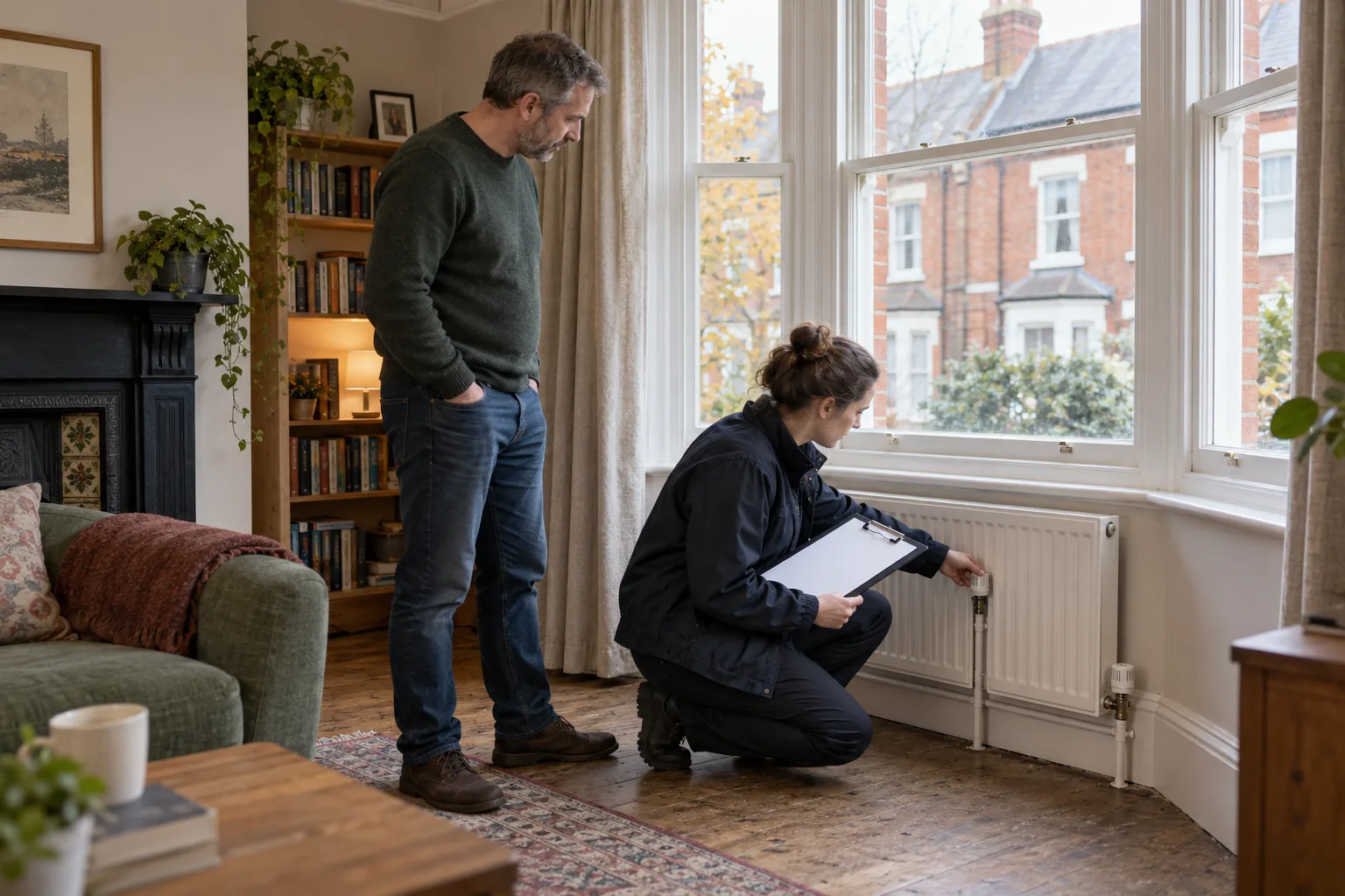 Independent assessor checking a radiator valve beside a British landlord in a Victorian terraced rental living room