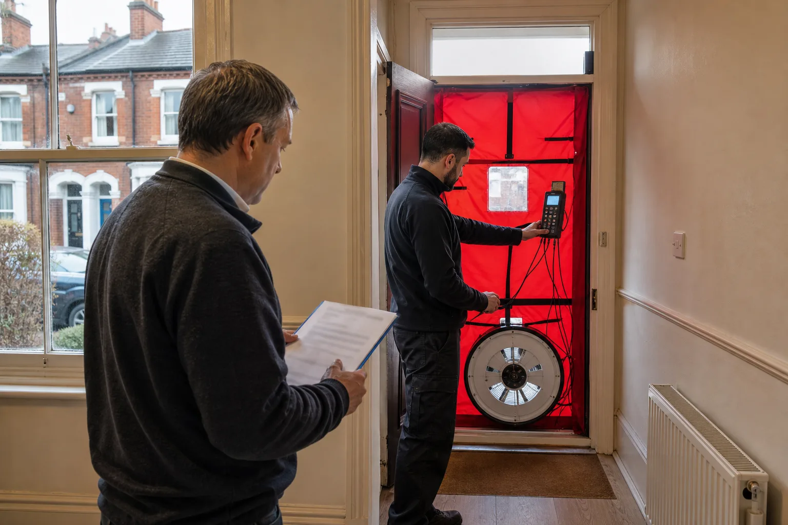 British landlord watching a certified blower-door airtightness test inside a Victorian terraced rental home