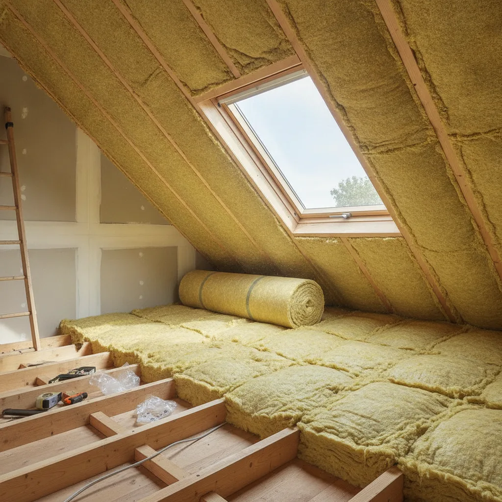 Rolls of mineral wool loft insulation laid between timber joists in a UK loft, with daylight from a roof window illuminating the space.