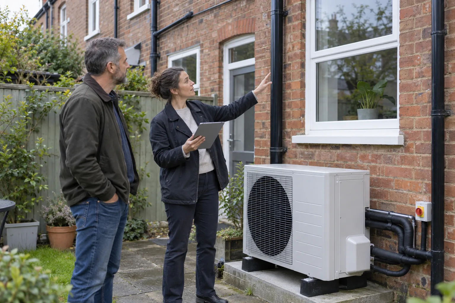 British landlord and energy assessor reviewing an air source heat pump beside a red-brick terraced rental home